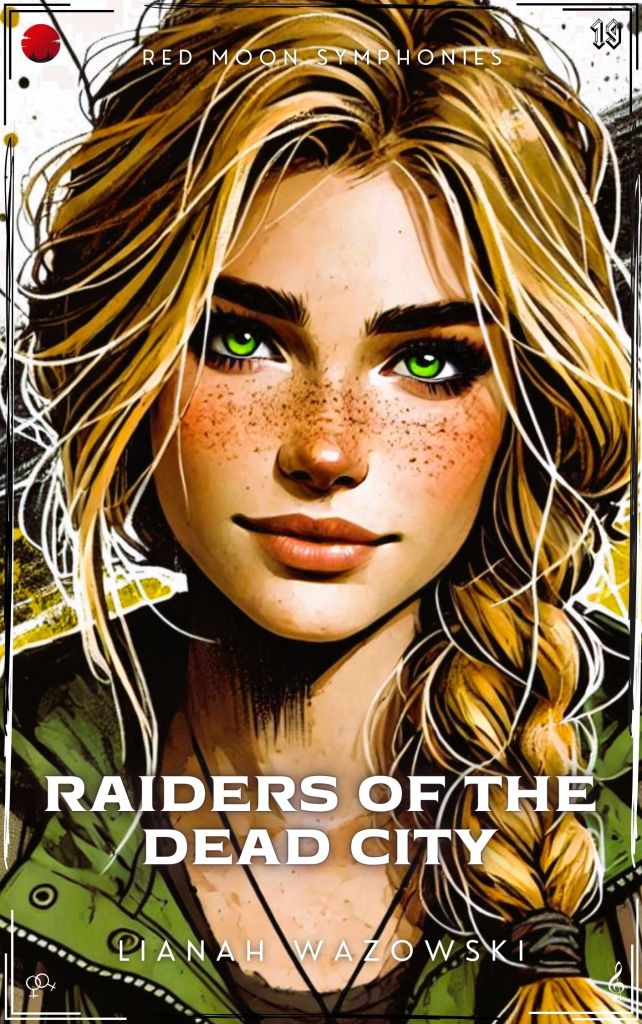Cover of the book Raiders of the Dead City by Lianah Wazowski, from the Red Moon Symphonies, a sapphic mystery sci-fi fantasy series